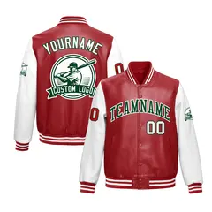 Red White Full-Snap Faux Leather Raglan Sleeves Letterman Jacket