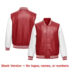 Red White Full-Snap Faux Leather Raglan Sleeves Letterman Jacket 6