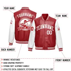 Red White Full-Snap Faux Leather Raglan Sleeves Letterman Jacket 2