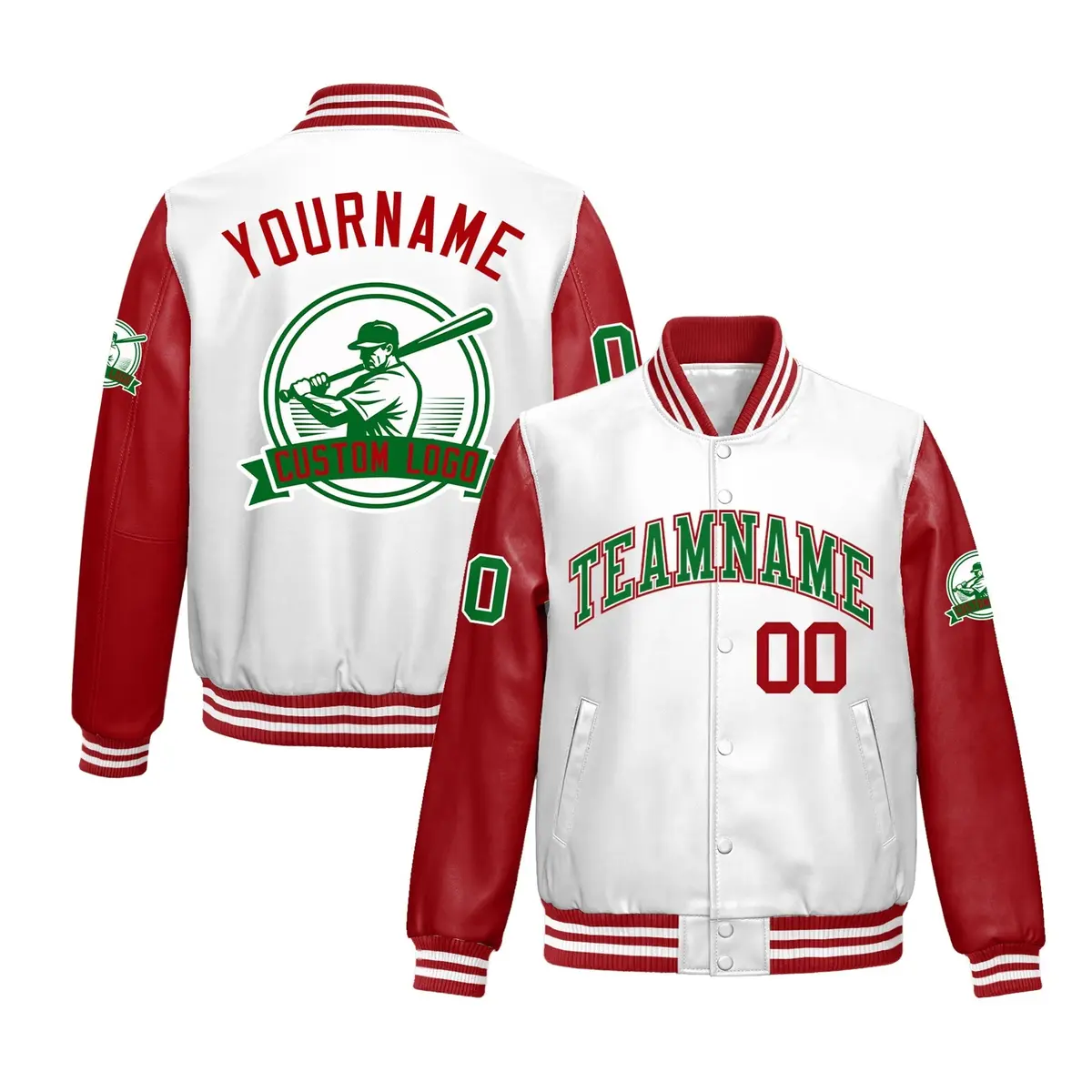Red White Full-Snap Faux Leather Raglan Sleeves Letterman Jacket