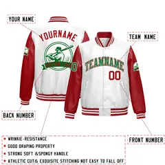 Red White Full-Snap Faux Leather Raglan Sleeves Letterman Jacket 2