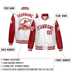 Red White Full-Snap Faux Leather Raglan Sleeves Letterman Jacket 2