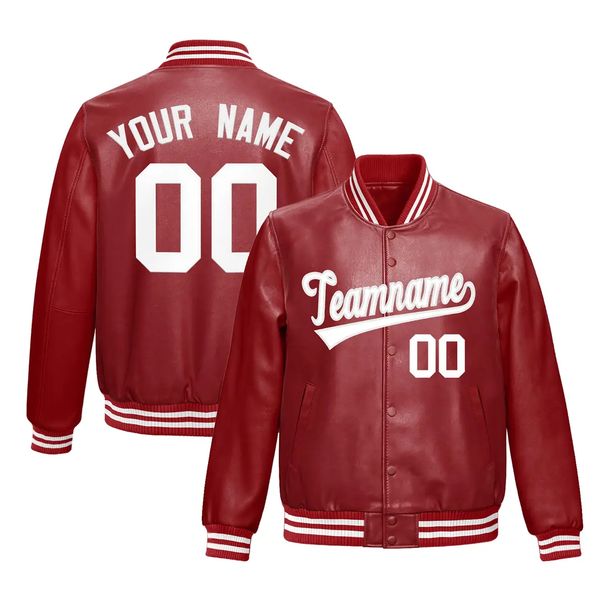 Red White Full-Snap Varsity Faux Leather Letterman Jacket