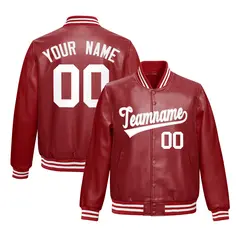 Red White Full-Snap Varsity Faux Leather Letterman Jacket