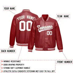Red White Full-Snap Varsity Faux Leather Letterman Jacket 2