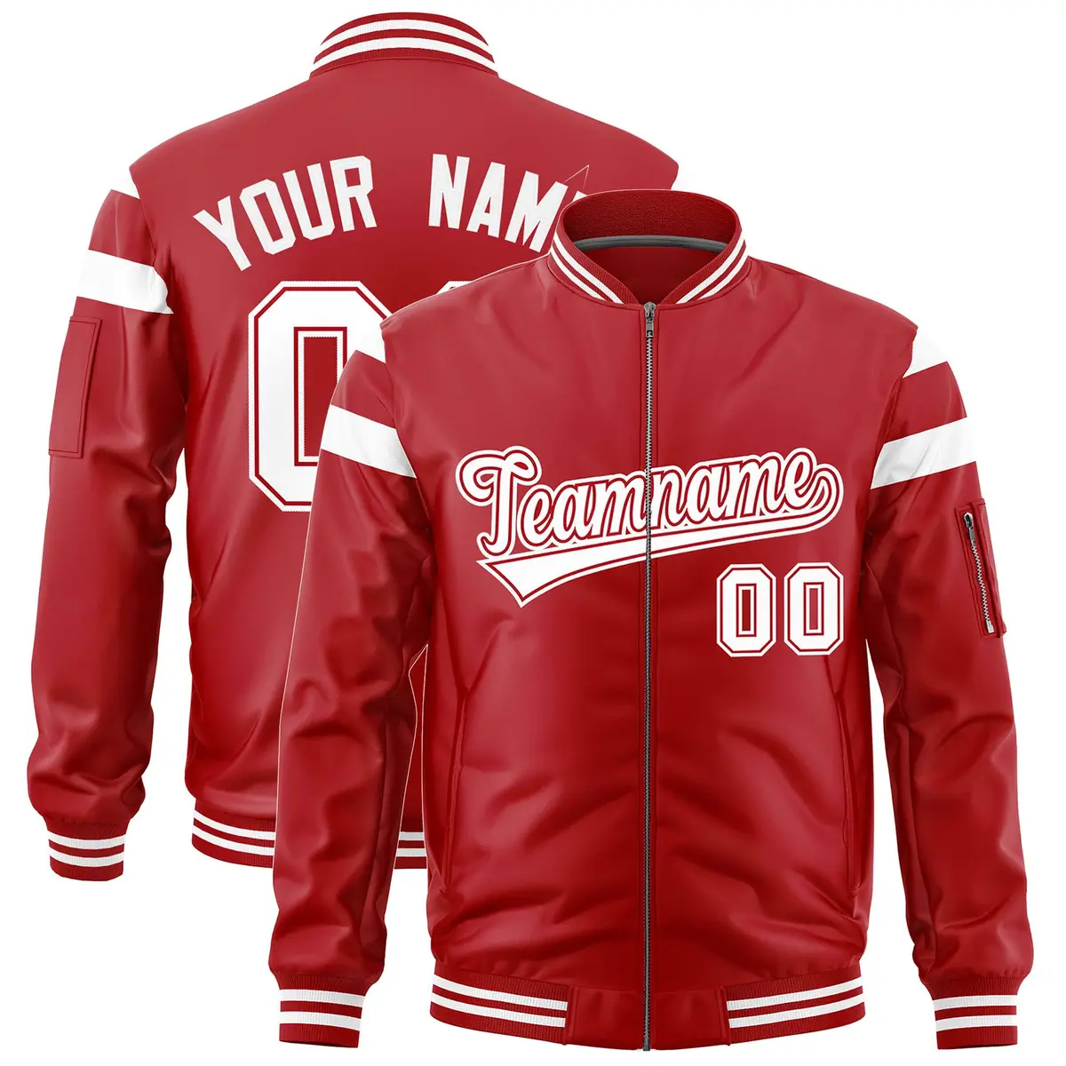 Red White Full-Zip Color Block Varsity Letterman Bomber Jacket