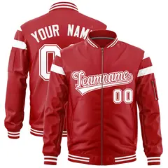 Red White Full-Zip Color Block Varsity Letterman Bomber Jacket 1