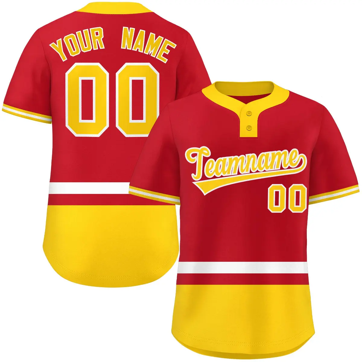 Red White-Gold Color Block Two-Button Softball Jersey