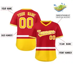 Red White-Gold Color Block V-Neck Pullover Baseball Jersey 2