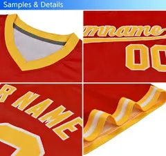 Red White-Gold Color Block V-Neck Pullover Baseball Jersey 5