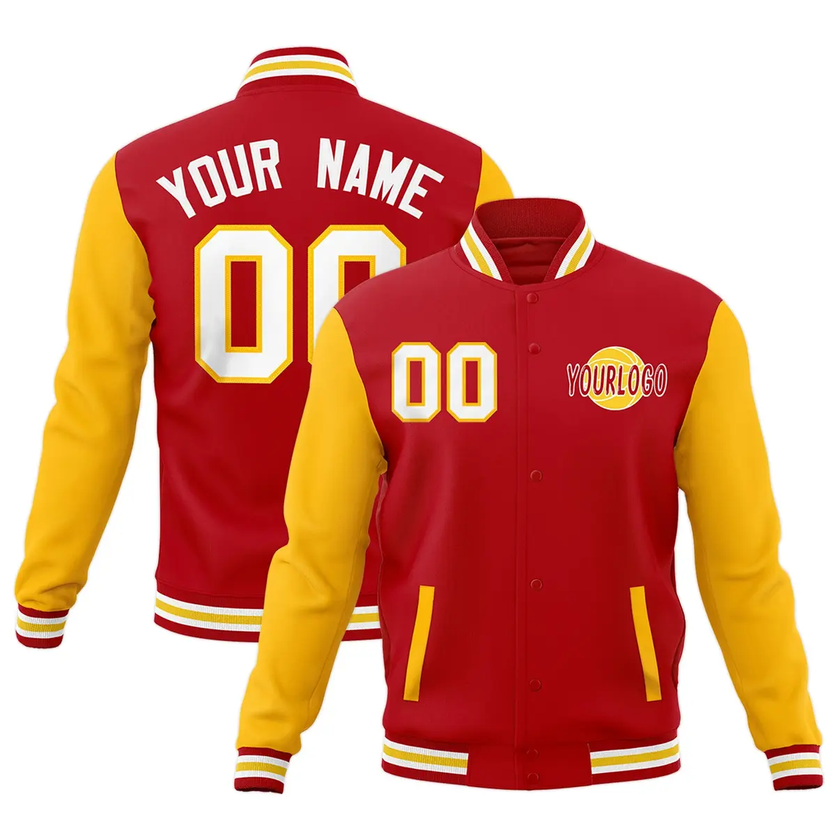 Red White Gold Raglan Sleeves Cotton Letterman Jacket