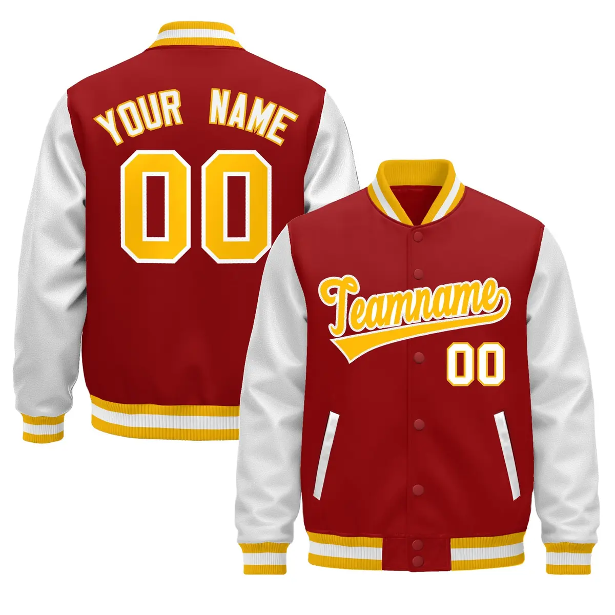 Red White Gold Raglan Varsity Full-Snap Letterman Jacket