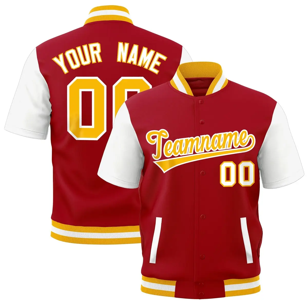 Red White Gold Short Sleeve Full-Snap Varsity Jacket