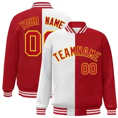 Red White-Gold Split Two Tone Letterman Varsity Full-Snap Jacket