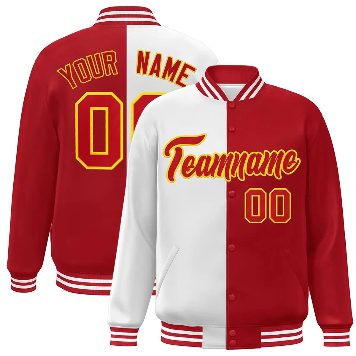 Red White-Gold Split Two Tone Letterman Varsity Full-Snap Jacket