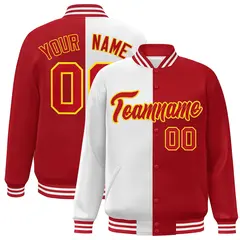 Red White-Gold Split Two Tone Letterman Varsity Full-Snap Jacket