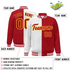 Red White-Gold Split Two Tone Letterman Varsity Full-Snap Jacket 2