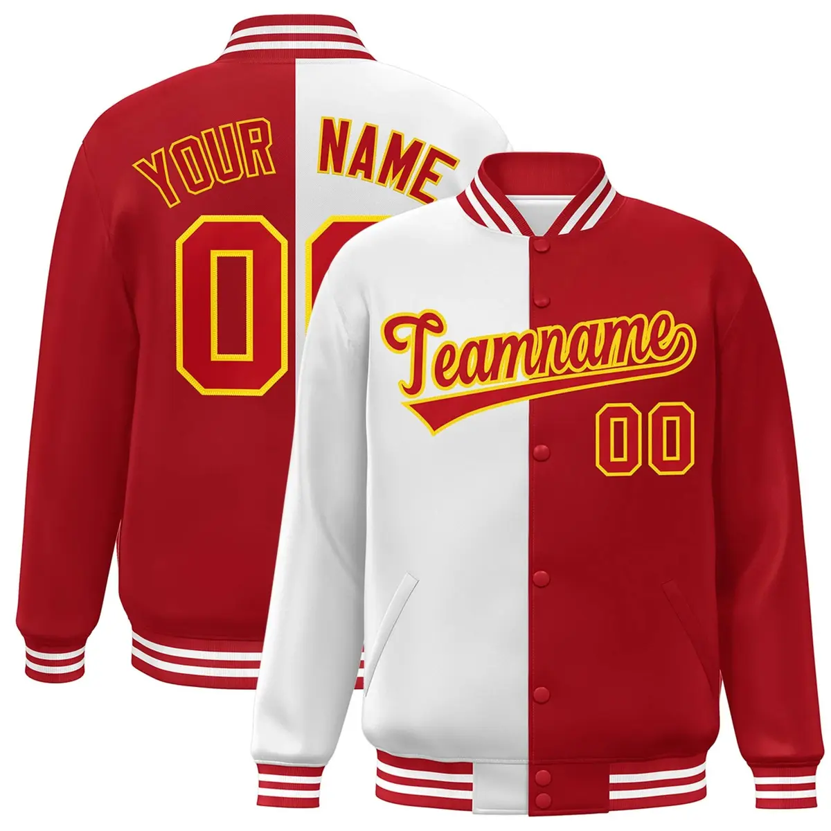 Red White-Gold Split Two Tone Letterman Varsity Full-Snap Jacket