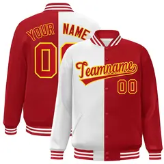 Red White-Gold Split Two Tone Letterman Varsity Full-Snap Jacket