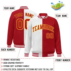 Red White-Gold Split Two Tone Letterman Varsity Full-Snap Jacket 2