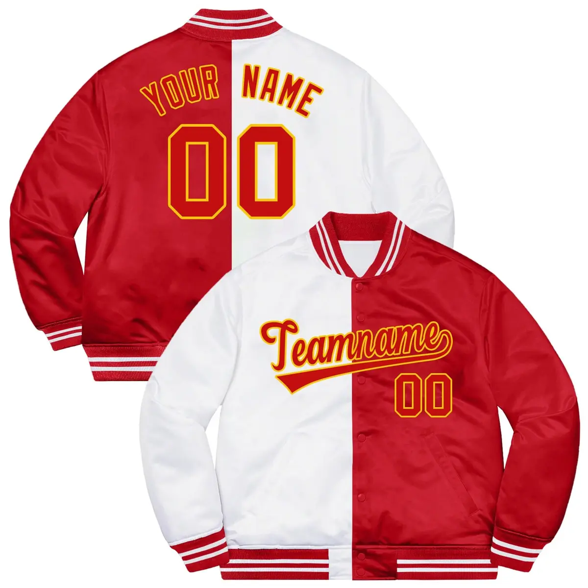Red White-Gold Split Two Tone Letterman Varsity Jacket