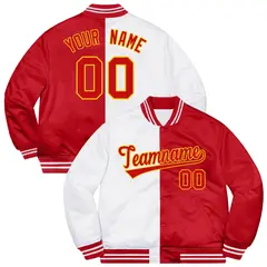 Red White-Gold Split Two Tone Letterman Varsity Jacket