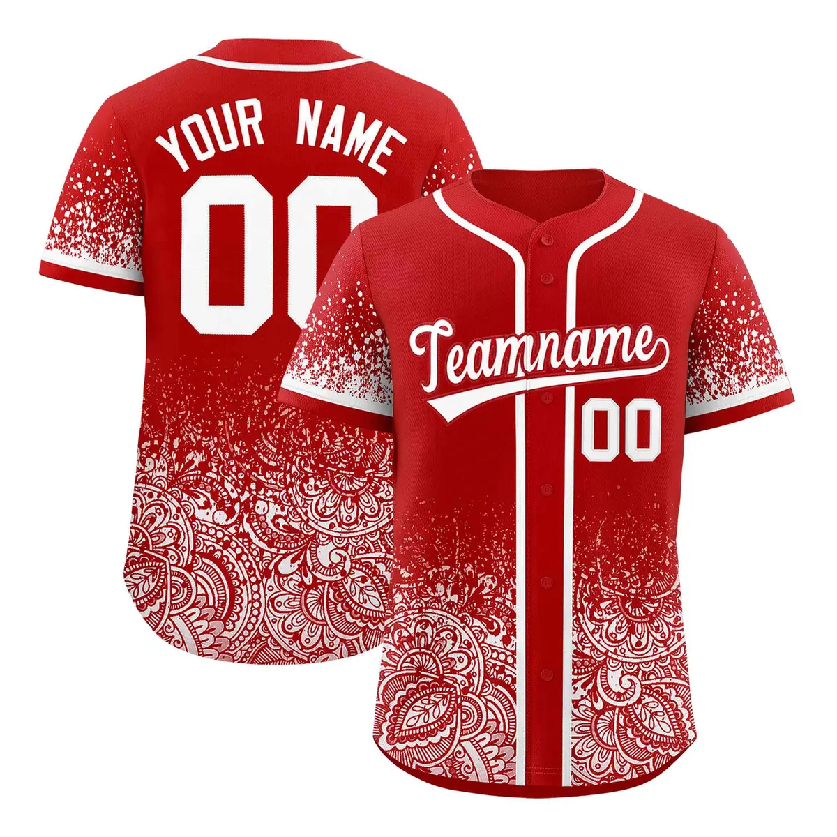 Red White Gradient Floral Print Full Button Baseball Jersey