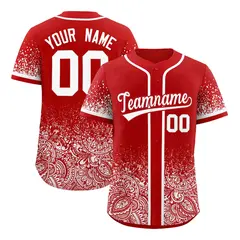 Red White Gradient Floral Print Full Button Baseball Jersey