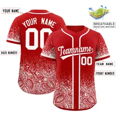 Red White Gradient Floral Print Full Button Baseball Jersey 2