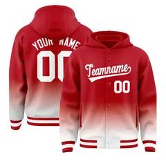 Red White Gradient Full-Snap Varsity Letterman Jacket Hoodie