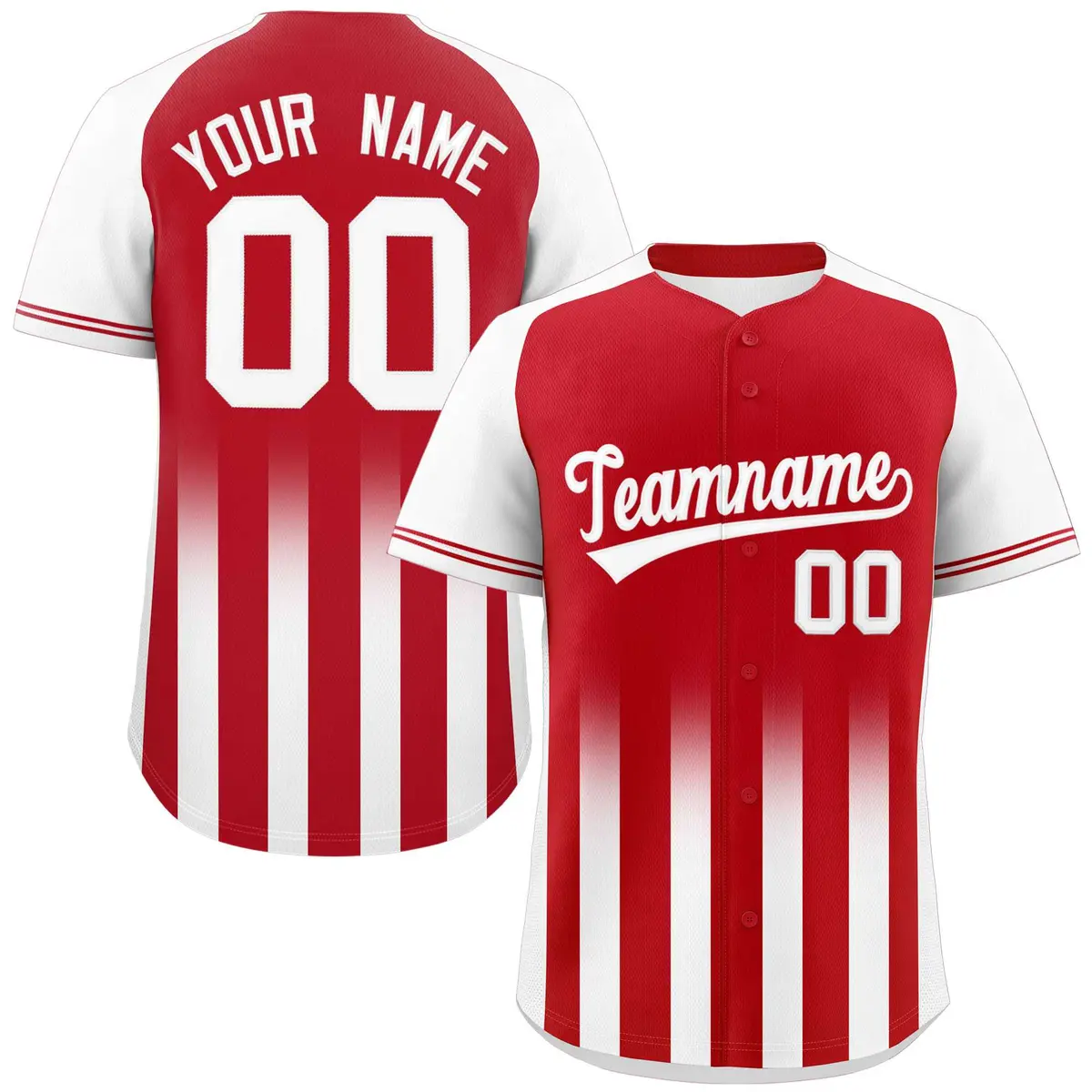 Red White Gradient Thick Stripe Raglan Baseball Jersey