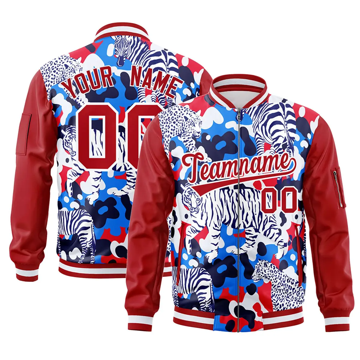 Red White Graffiti Pattern Full-Zip Varsity Letterman Bomber Jacket