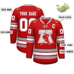 Red White-Gray Lace-Up Neck Hockey Jersey 3