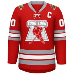 Red White-Gray Lace-Up Neck Hockey Jersey 4