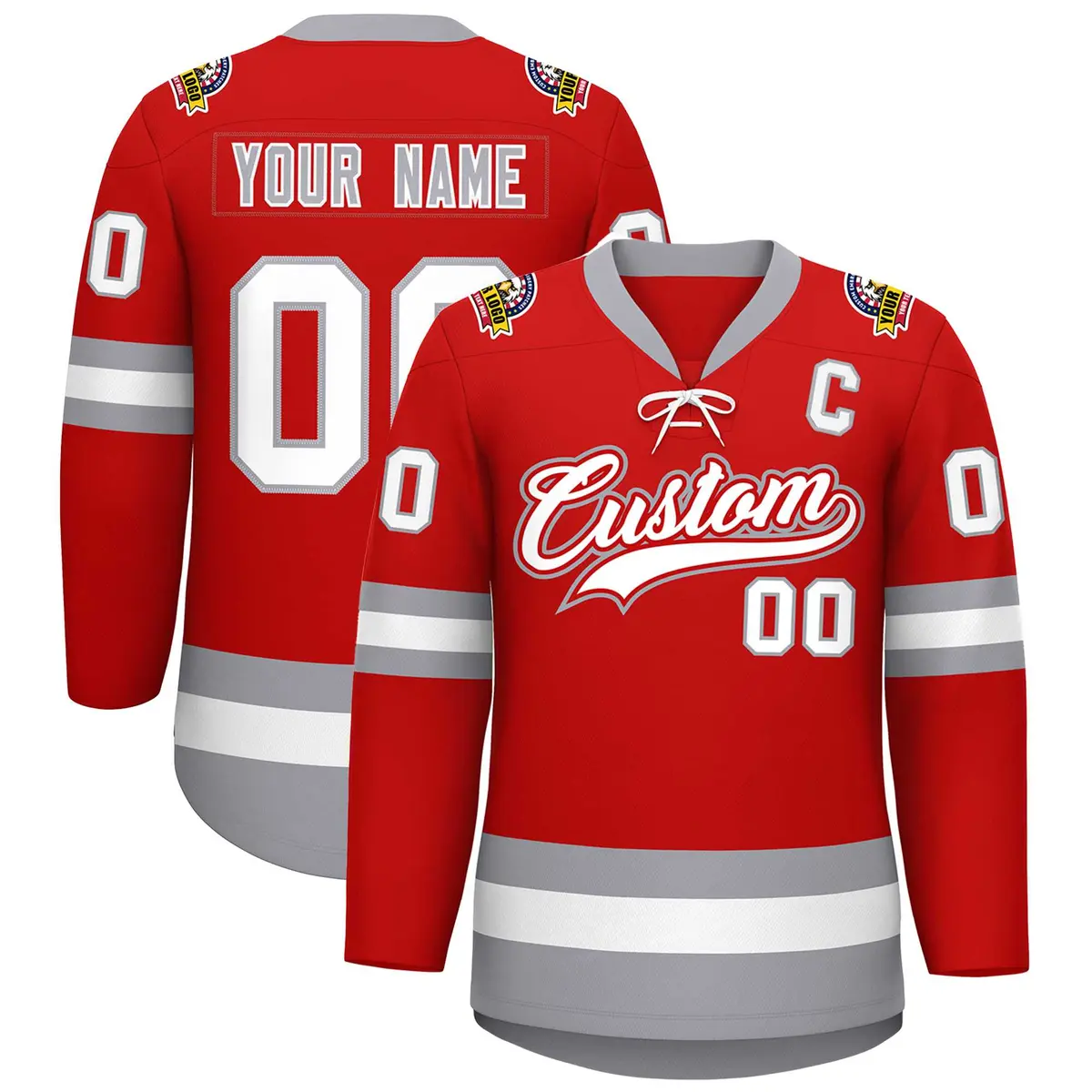 Red White-Gray Lace-Up Neck Hockey Jersey