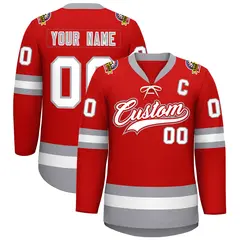 Red White-Gray Lace-Up Neck Hockey Jersey