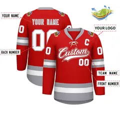 Red White-Gray Lace-Up Neck Hockey Jersey 2