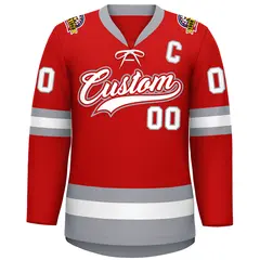 Red White-Gray Lace-Up Neck Hockey Jersey 3
