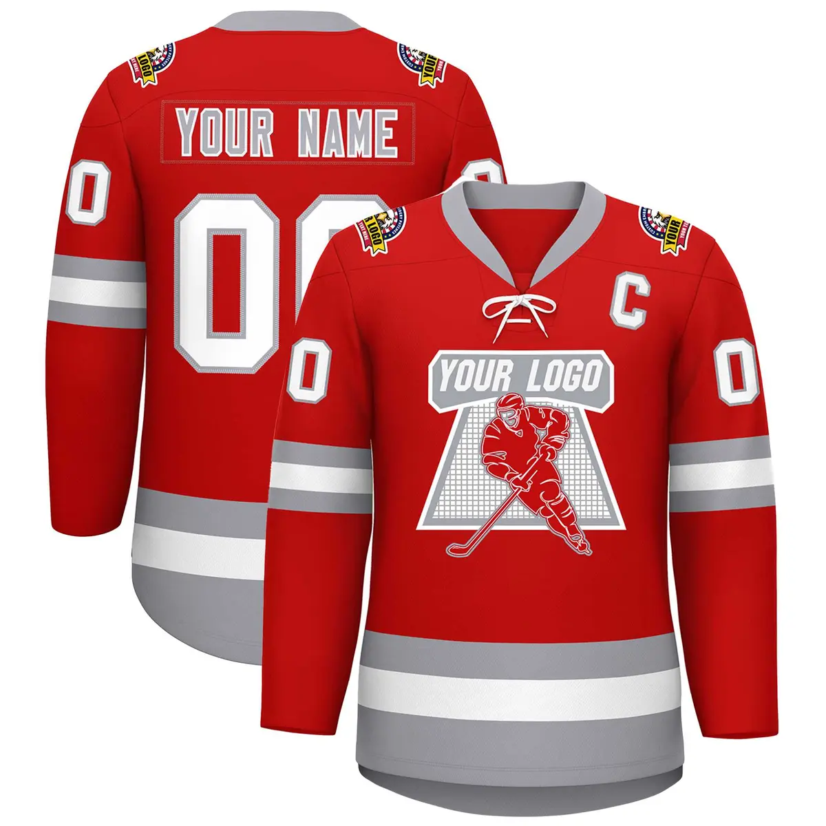 Red White-Gray Lace-Up Neck Hockey Jersey