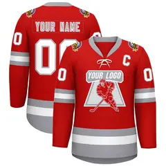 Red White-Gray Lace-Up Neck Hockey Jersey