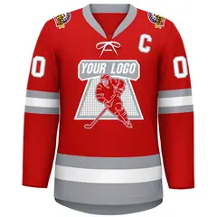 Red White-Gray Lace-Up Neck Hockey Jersey 3