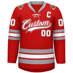 Red White-Gray Lace-Up Neck Hockey Jersey 3