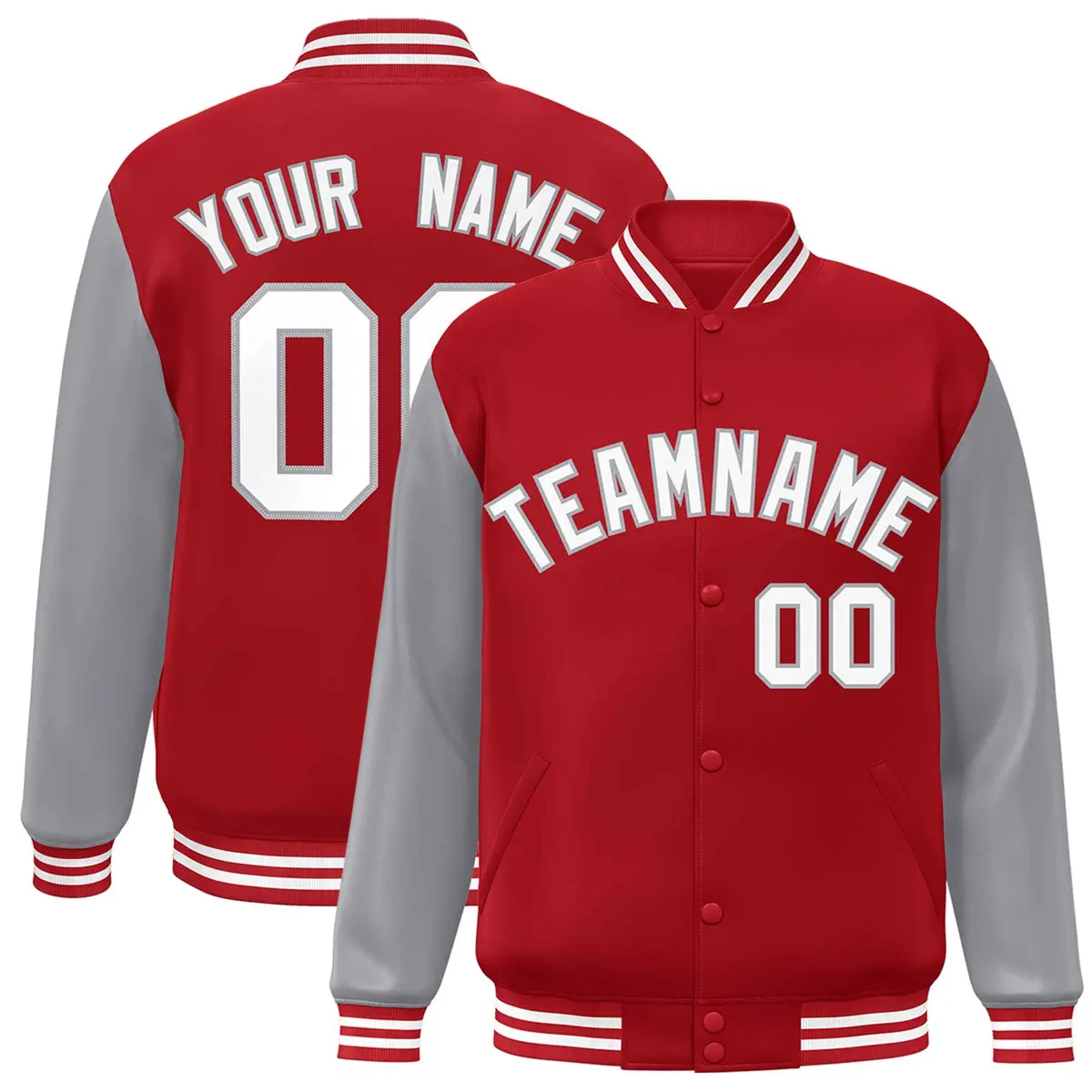 Red White-Gray Raglan Varsity Full-Snap Letterman Jacket