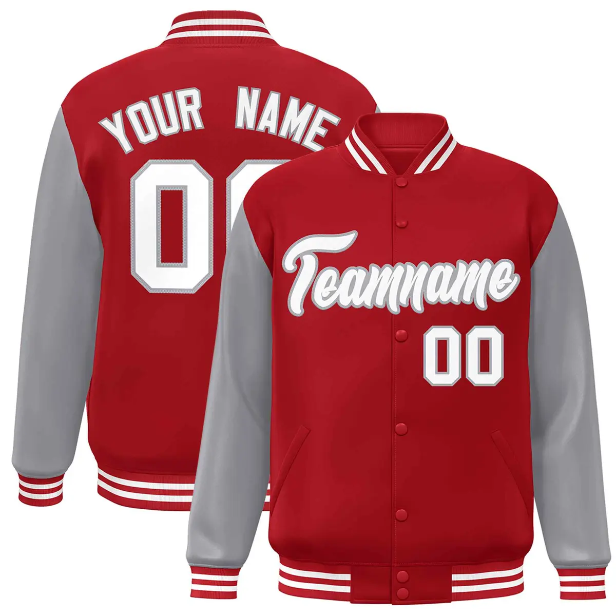 Red White-Gray Raglan Varsity Full-Snap Letterman Jacket