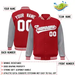Red White-Gray Raglan Varsity Full-Snap Letterman Jacket 2