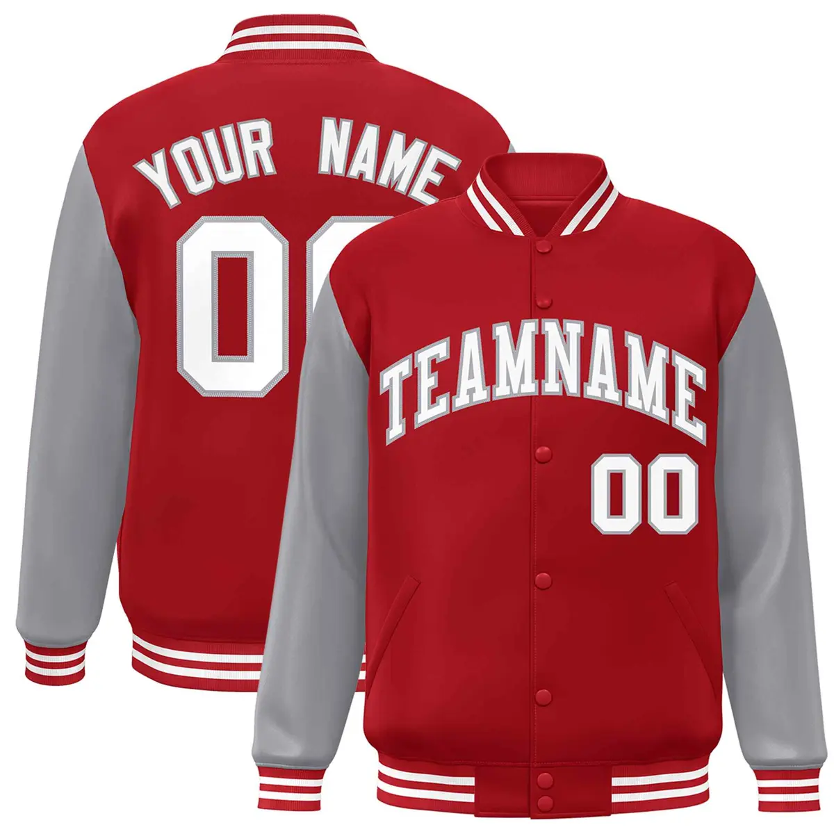 Red White-Gray Raglan Varsity Full-Snap Letterman Jacket