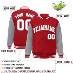 Red White-Gray Raglan Varsity Full-Snap Letterman Jacket 2