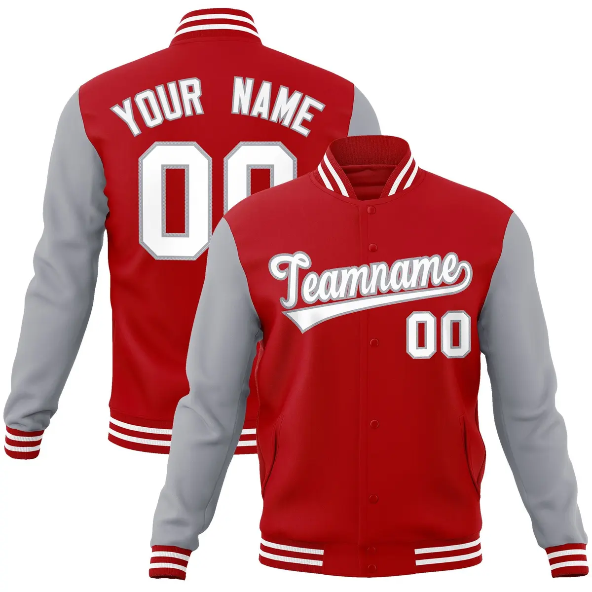 Red White-Gray Raglan Varsity Full-Snap Letterman Jacket