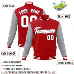 Red White-Gray Raglan Varsity Full-Snap Letterman Jacket 4
