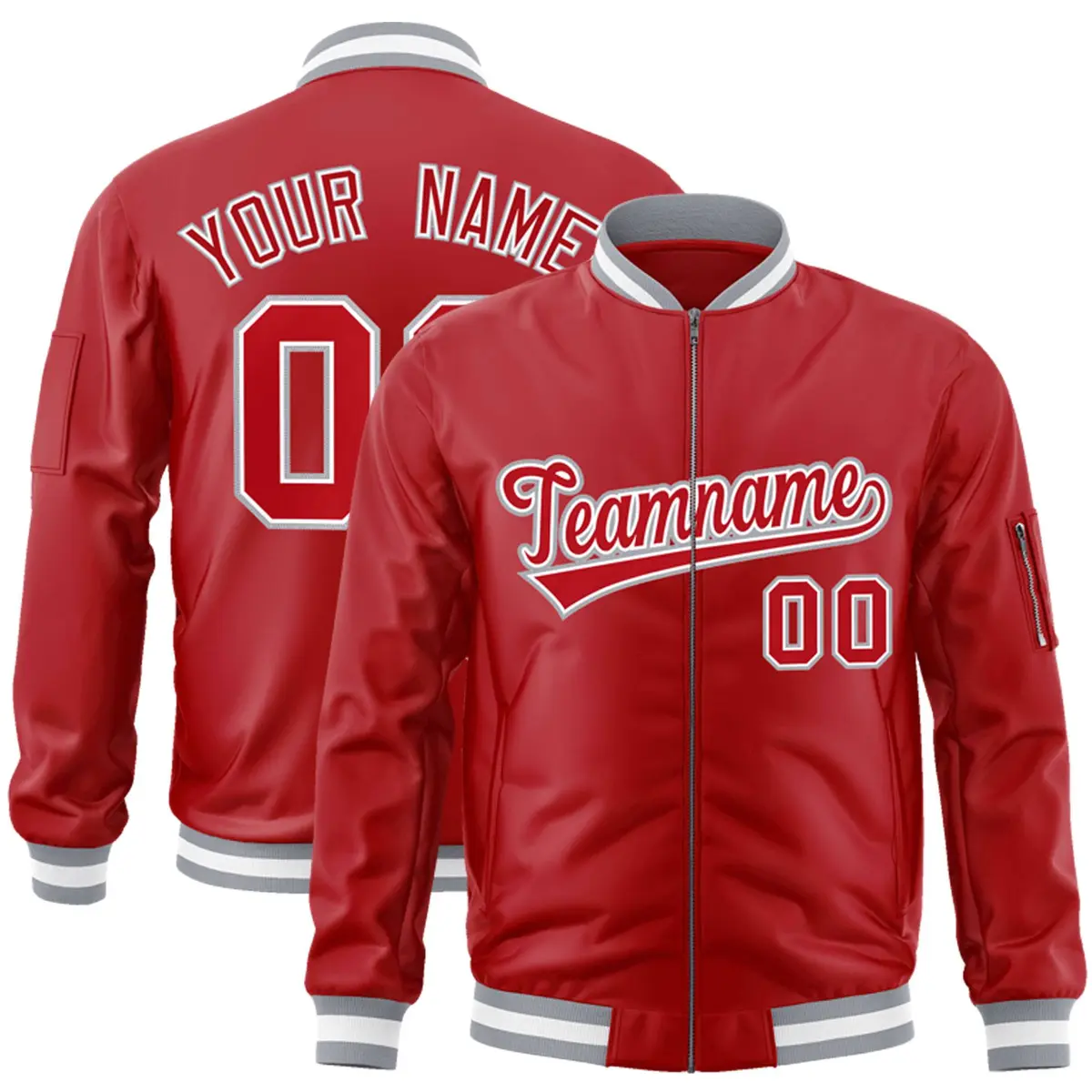 Red White-Gray Varsity Full-Zip Letterman Bomber Jacket